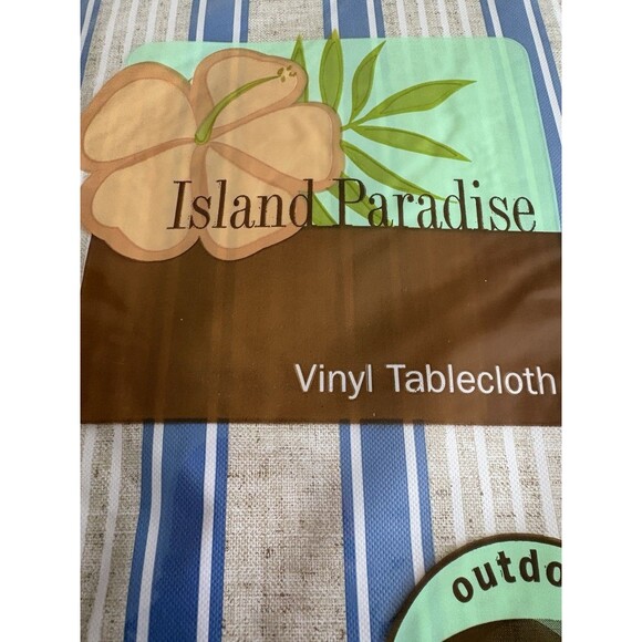 Tablecloth Vinyl Blue/tan 70 Inch Round With Umbrella Hole - Picture 4 of 5